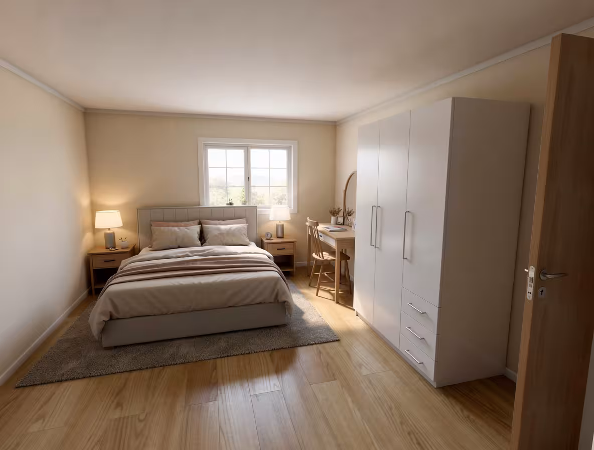 Contemporary bedroom with neutral beige walls, wooden flooring, upholstered bed, matching nightstands with lamps, white wardrobe, wooden desk with chair, and soft natural lighting.