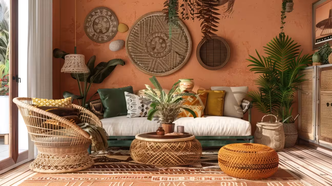 AI-generated Bohemian living room with rattan furniture, terracotta walls, woven wall decor, and tropical plants