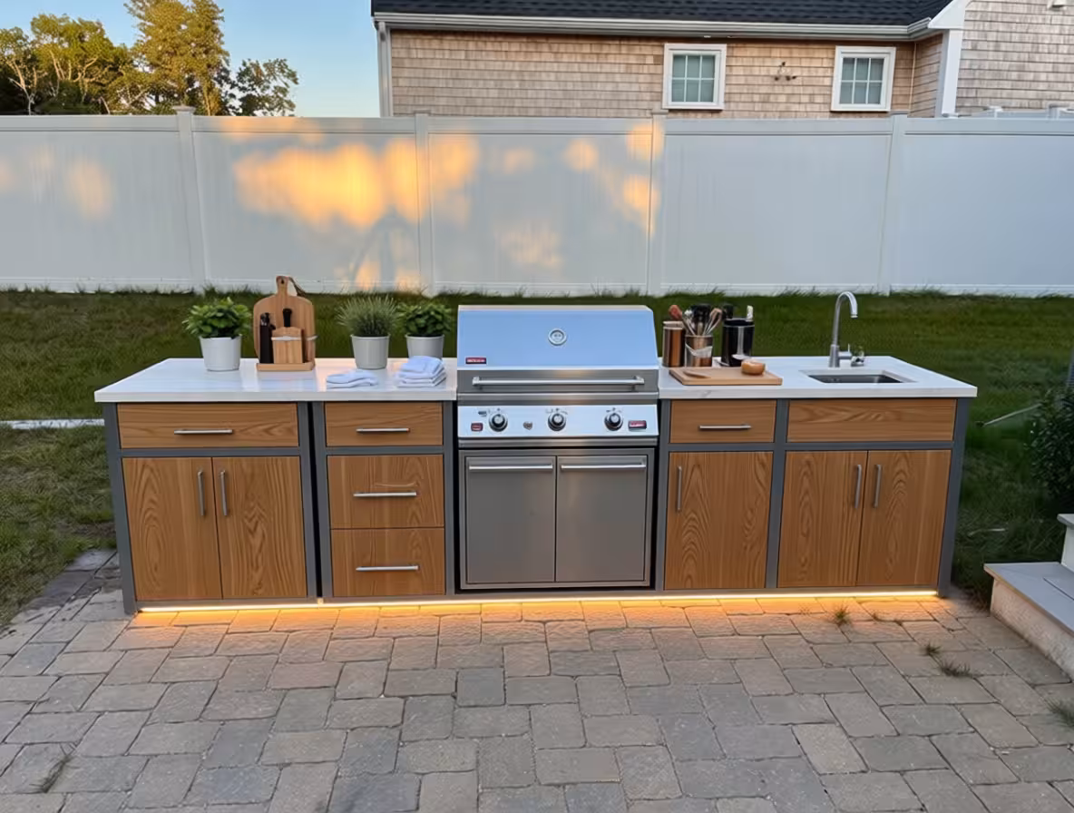 Modern farmhouse outdoor grill station with oak cabinetry, stainless steel grill, and ambient LED lighting.