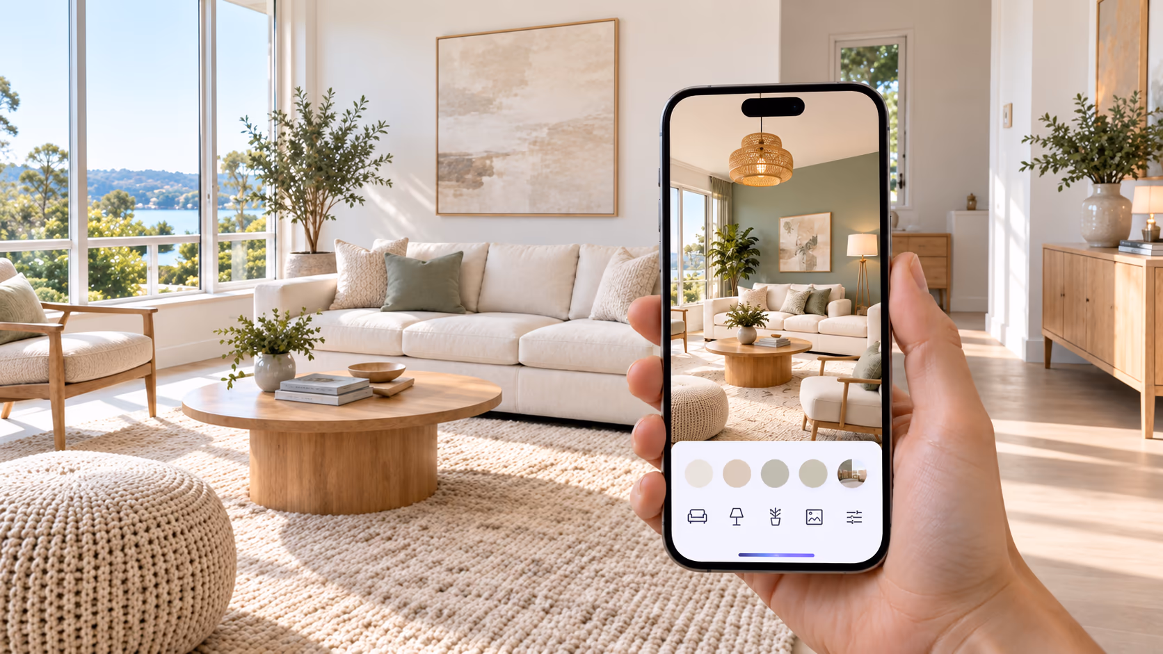 home decor ai apps showing an ai redesigned living room on a smartphone