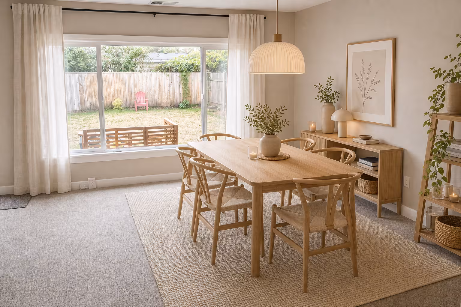 Japandi dining room with light oak dining table, woven rug, linen curtains, and neutral decor accents