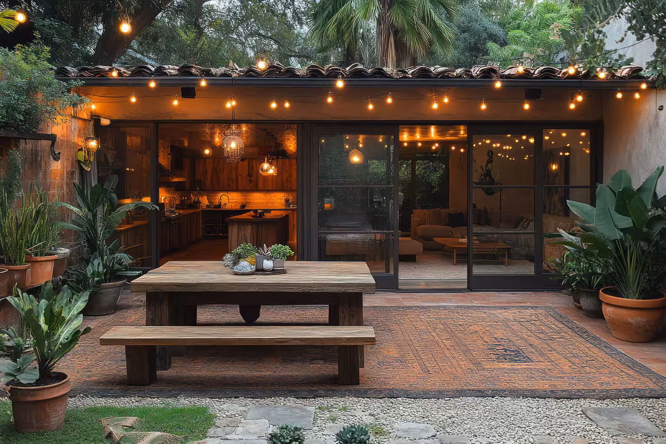 Outdoor kitchen with covered patio, wooden cooking area, sliding glass doors, string lights, and outdoor dining table surrounded by plants