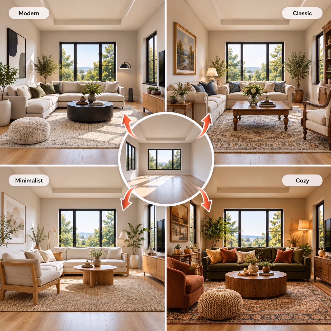 AI creating a furnished living room with a selected interior style