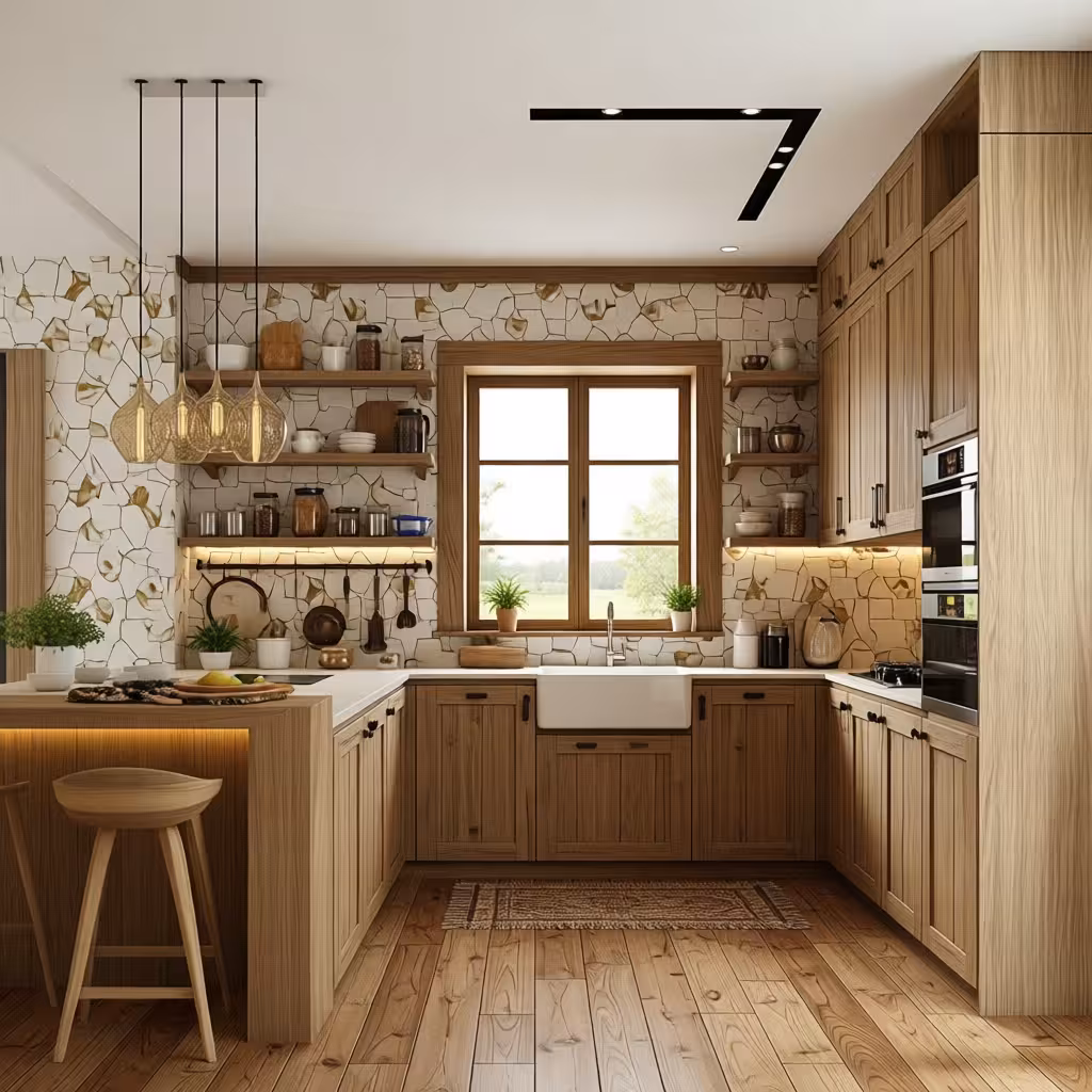 A rustic kitchen with warm wooden cabinetry, stone-patterned backsplash, farmhouse sink under window, open shelves with jars, pendant lights, and natural wood flooring.