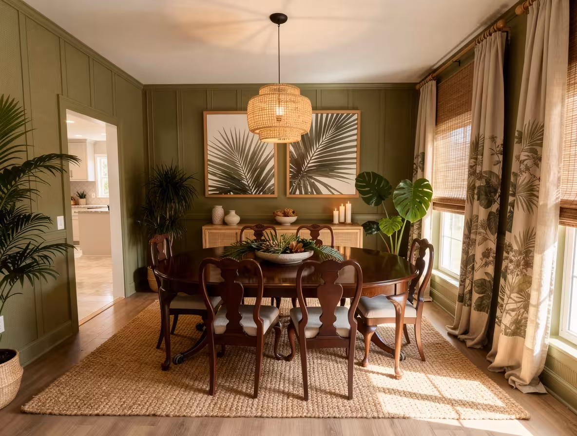 Modern tropical dining room with olive green wall paneling, woven pendant light, botanical artwork, and natural textures
