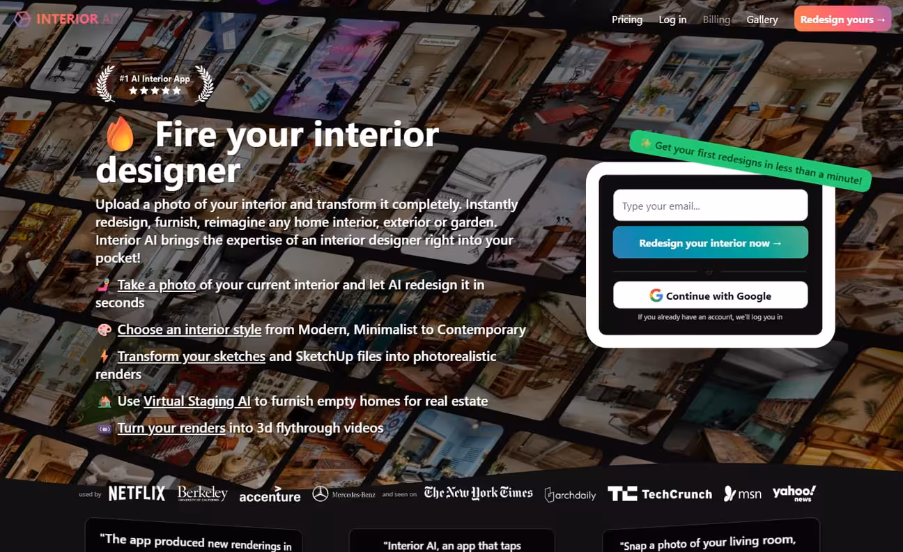 InteriorAI landing page screenshot showing navbar, cta buttons, hero section with tool guide, registration form, different company logos
