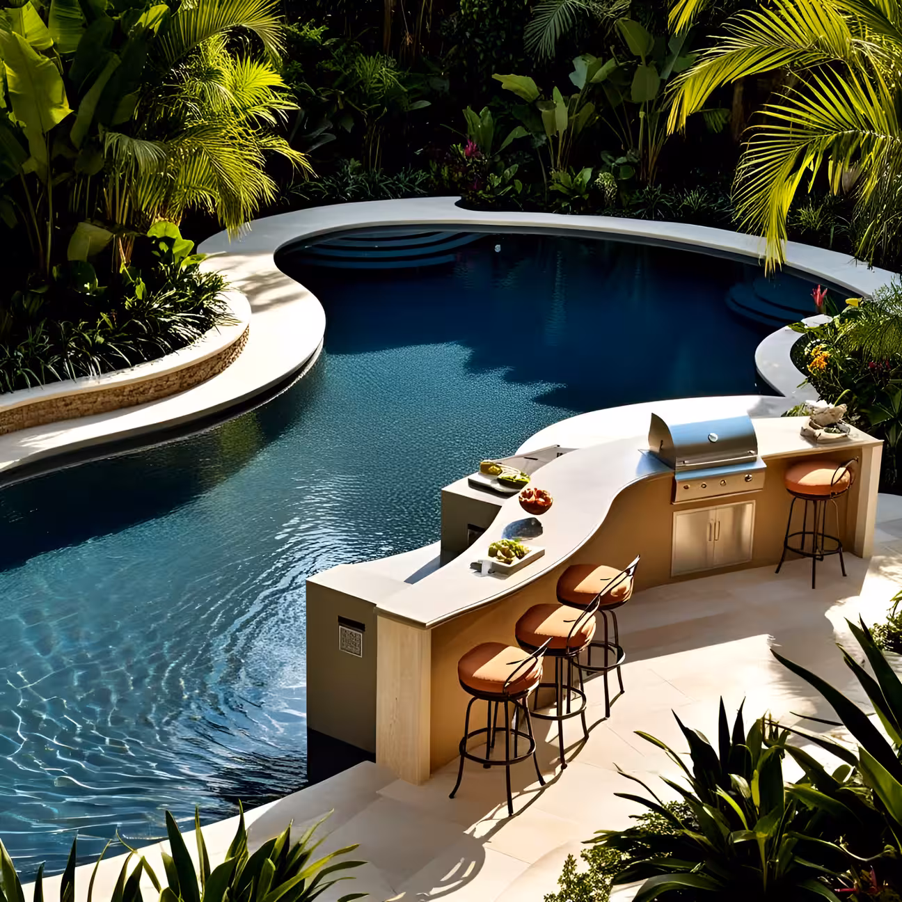 Poolside outdoor kitchen with curved island, built-in grill, bar seating, and tropical landscaping beside a swimming pool.