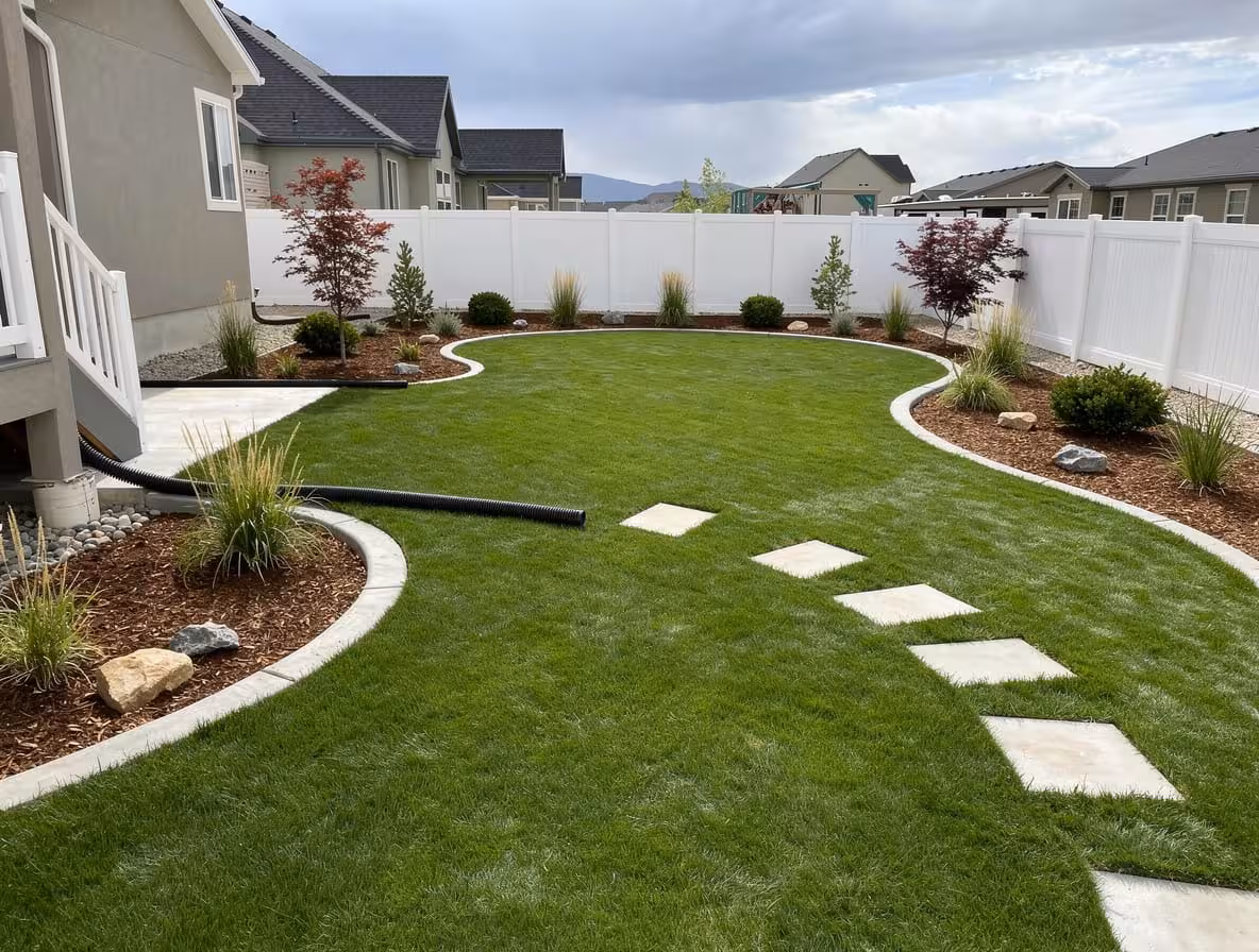 Backyard landscape design with curved lawn, stepping stone path, mulch beds, and simple landscaping