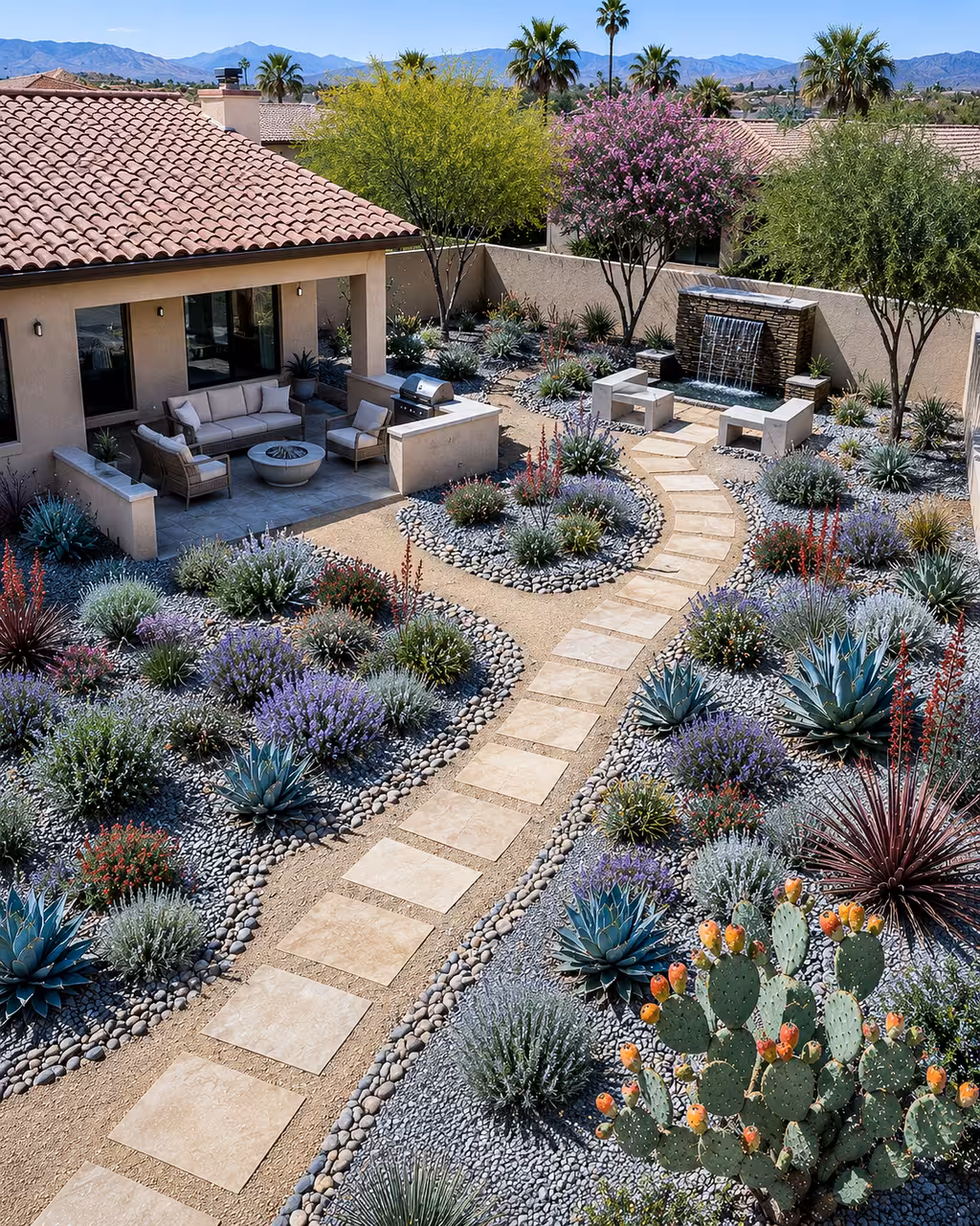 Desert xeriscape backyard with a covered patio, outdoor kitchen, fire pit, stone waterfall, winding flagstone path, and drought-tolerant plants including agave, lavender, cactus, and ornamental grasses set in gravel and river rock.