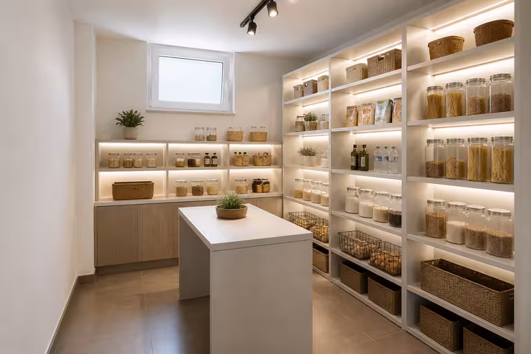 Modern pantry with illuminated shelving, storage jars, central island, and light wood cabinetry