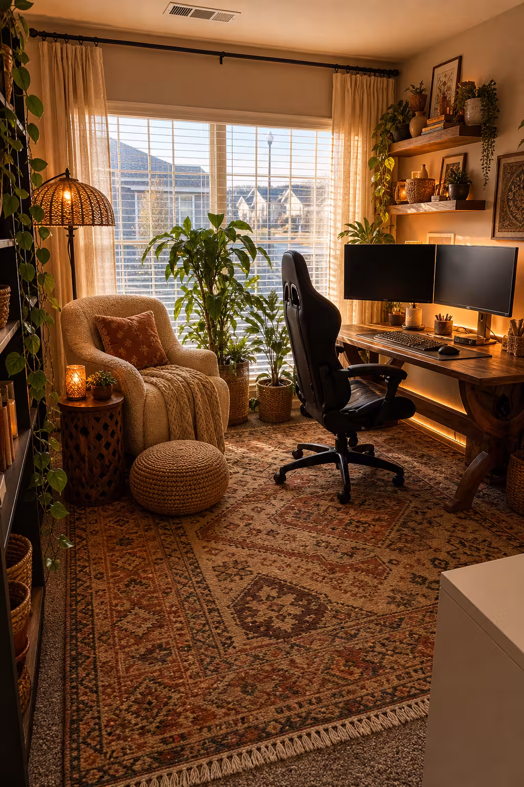 Bohemian home office with layered rugs, warm lighting, indoor plants, and earthy decor
