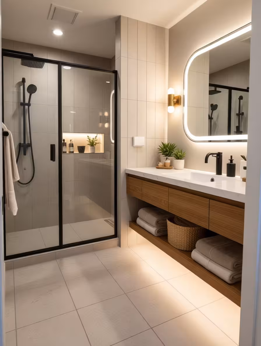 Modern bathroom with floating wood vanity, black framed shower enclosure, beige wall panels, and recessed shelf lighting