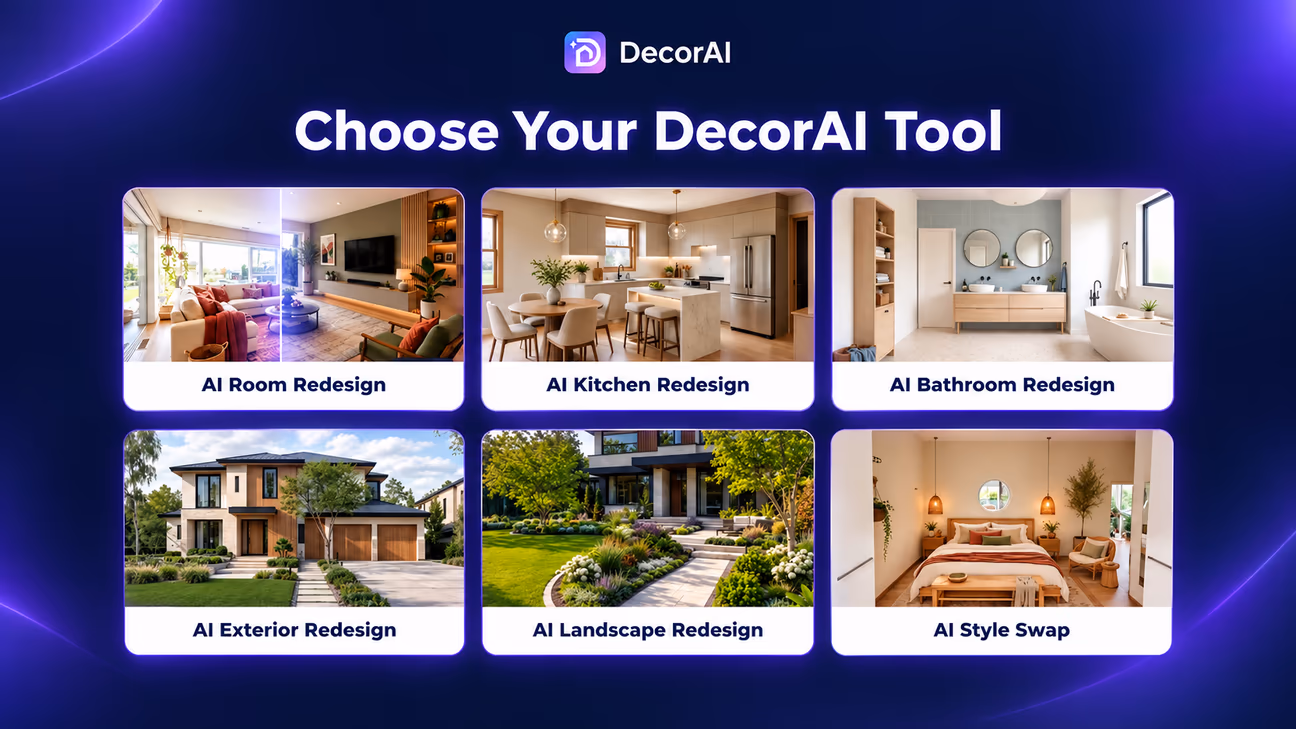 decorai dashboard overview showing room, kitchen, bathroom, exterior, landscape, and style swap tools