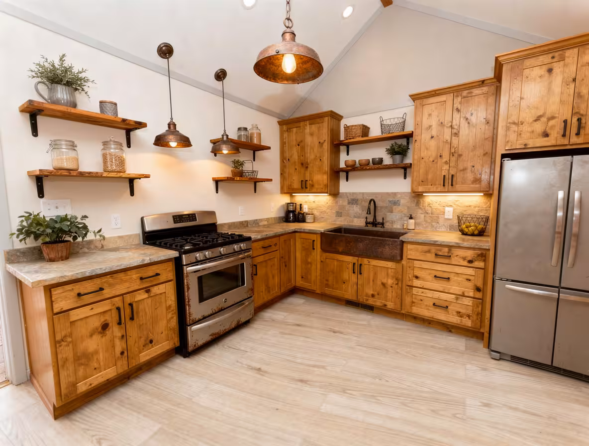 Rustic l-shaped kitchen with natural wood cabinets, open shelving, farmhouse sink, pendant lighting, and warm neutral finishes
