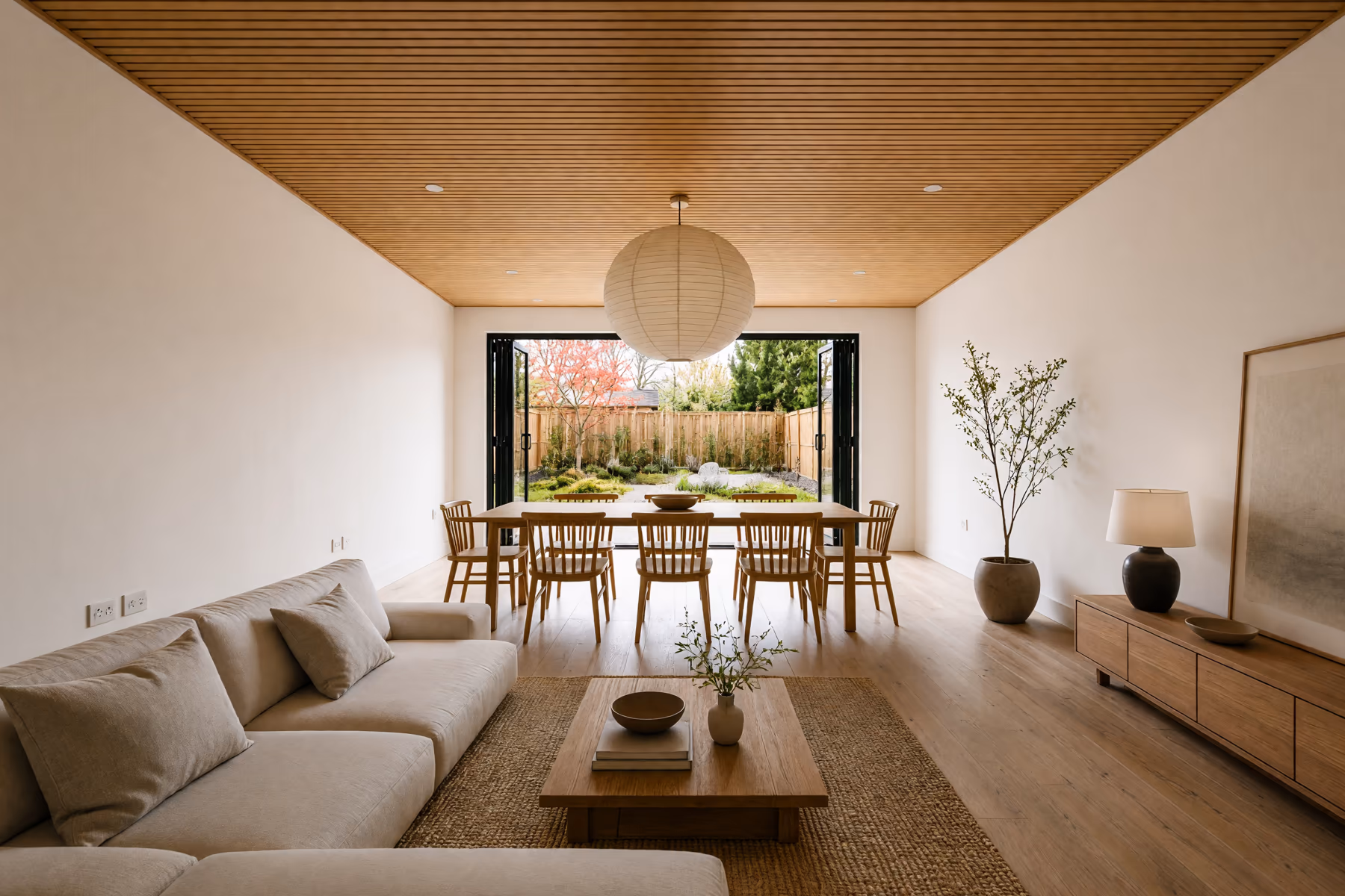 Open plan home redesigned in Japandi style with a full oak slat ceiling and a large paper lantern