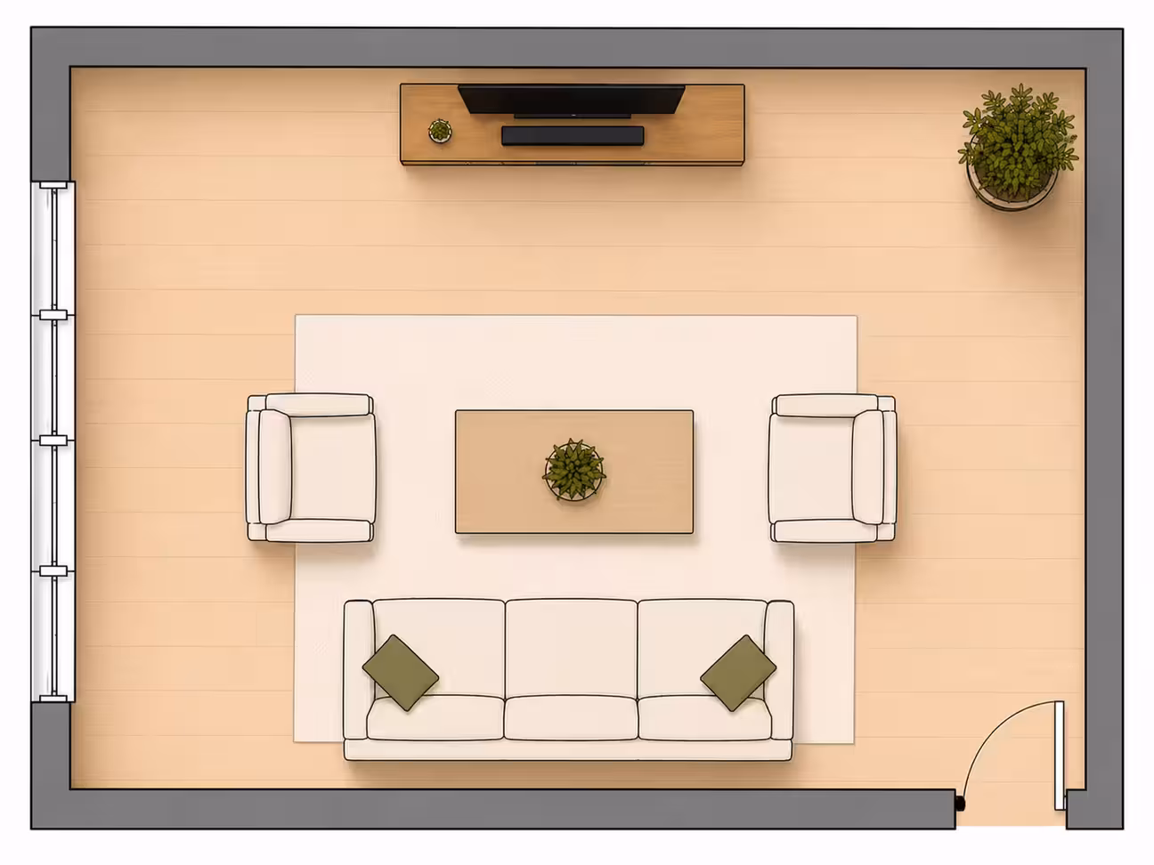 Top-down 2D floor plan of a small rectangular living room with a sofa on the bottom wall, two armchairs on either side of a centered coffee table, and a TV console on the top wall 