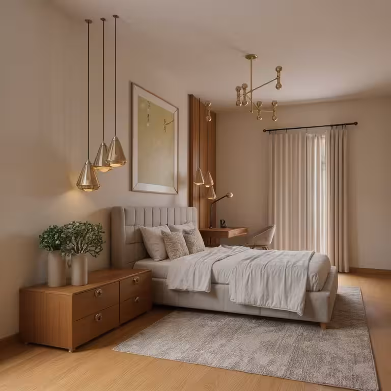 Contemporary bedroom with brass pendant lights, upholstered bed, warm wood furniture, neutral textiles, and soft ambient lighting