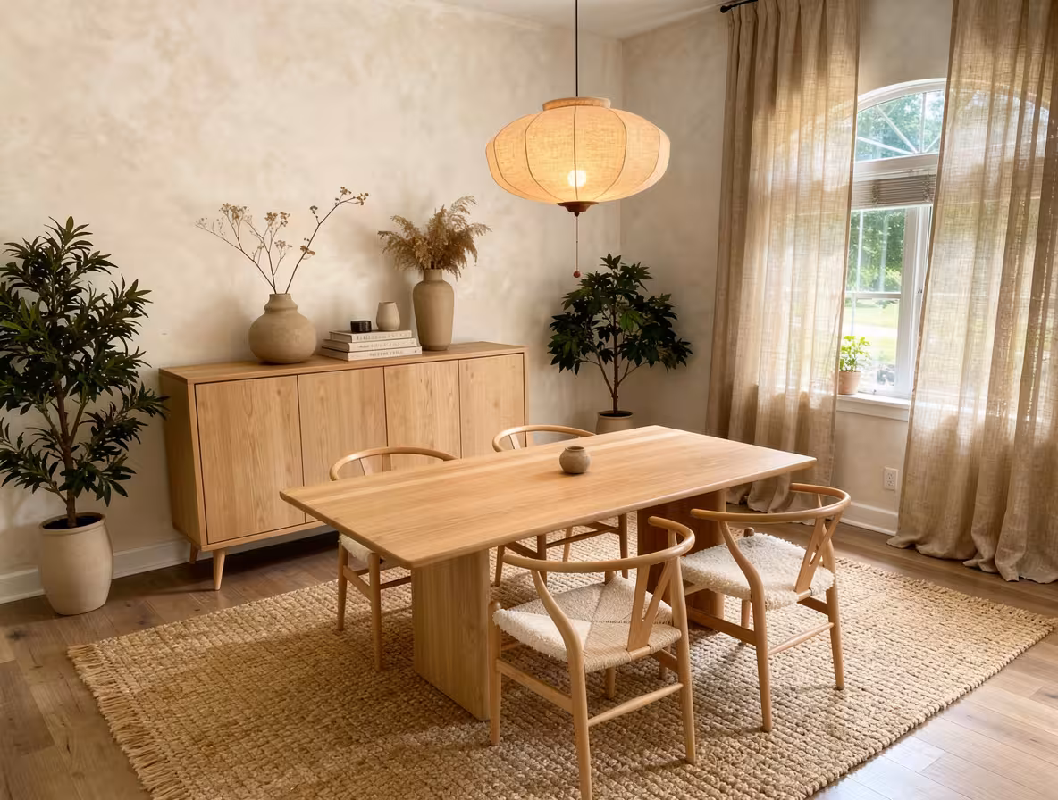 Japandi dining room with natural wood table, woven rug, linen curtains, and neutral earthy decor.