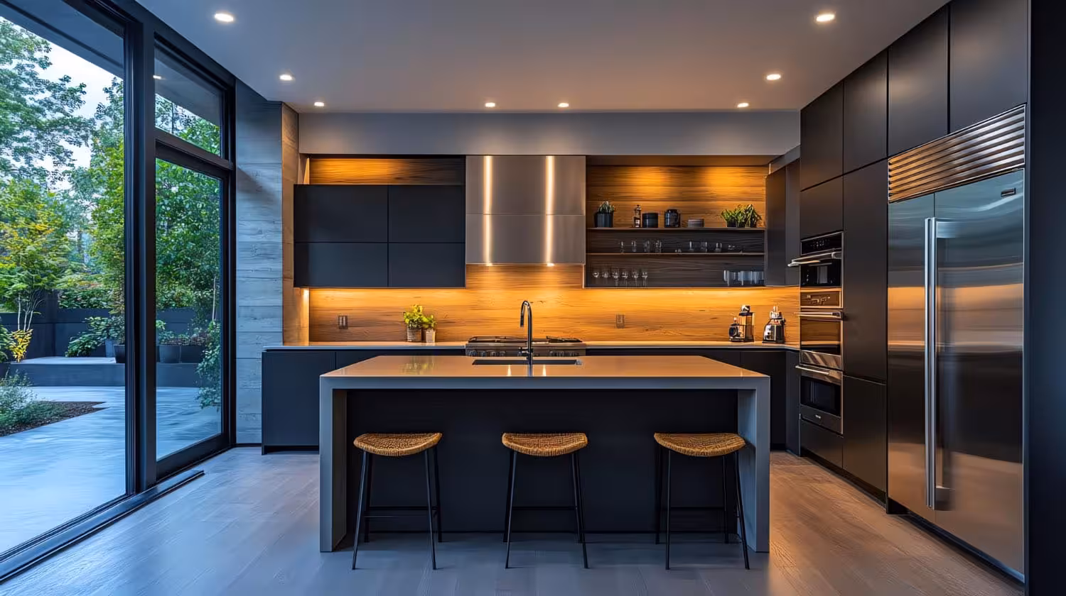 Kitchen Design from Scratch - An outdoor modern kitchen with warm lighting, an island with seating, plain dark cabinets.