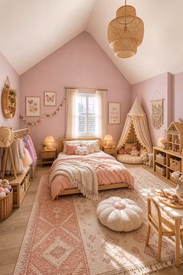 Bohemian kids bedroom with blush pink walls, canopy reading nook, woven decor, and dollhouse storage shelving