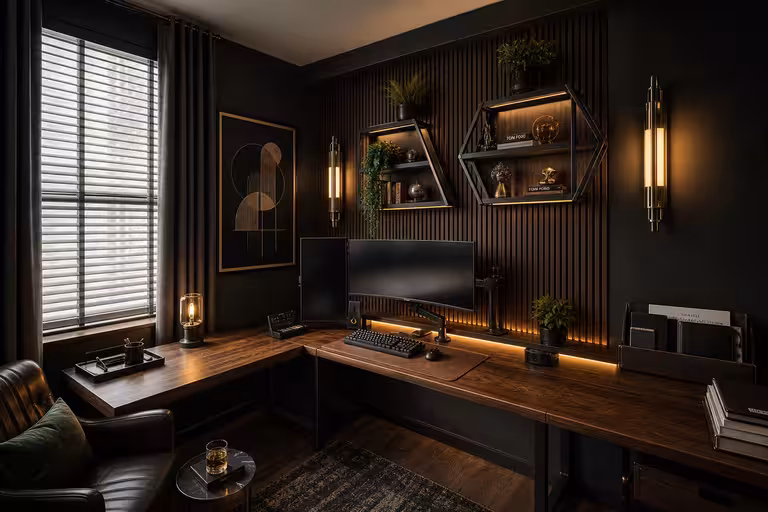 Neo Deco industrial home office with walnut slat wall, warm ambient lighting, and luxury workspace styling