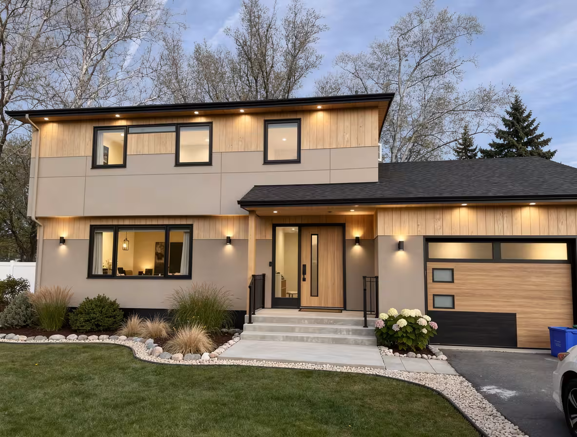 Modern Scandinavian house exterior with warm wood siding, black accents, minimalist landscaping, and modern lighting