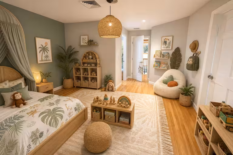 Modern Scandinavian kids bedroom with rattan storage, tropical bedding, woven pendant light, and cozy play area.
