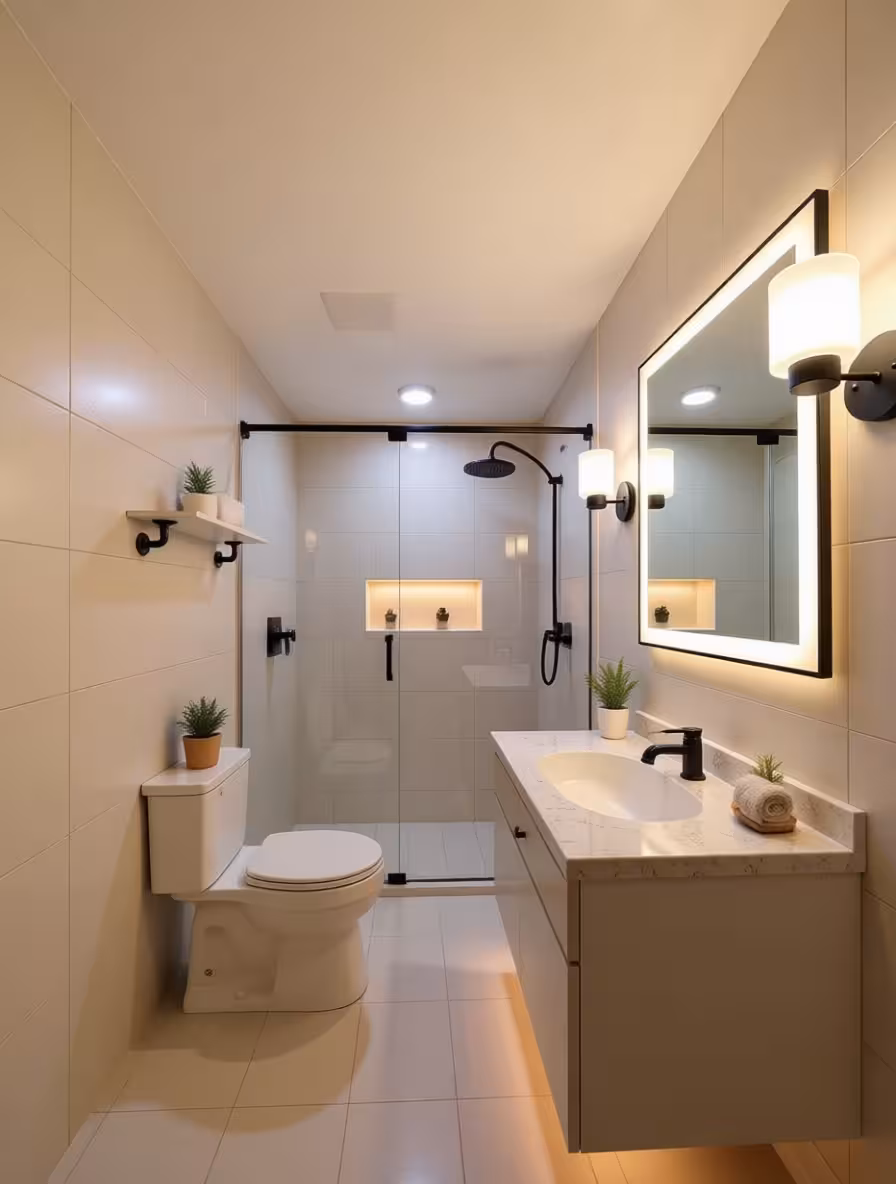 Modern minimalist bathroom with beige wall tiles, black framed glass shower, backlit mirror, and matte black fixtures