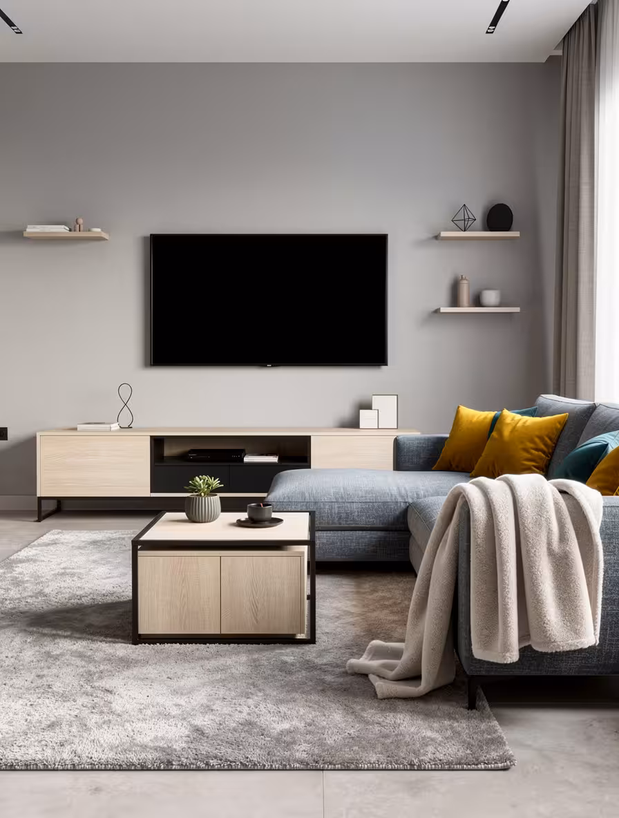 Modern minimalist living room with gray sectional sofa, floating shelves, light wood furniture, and neutral decor