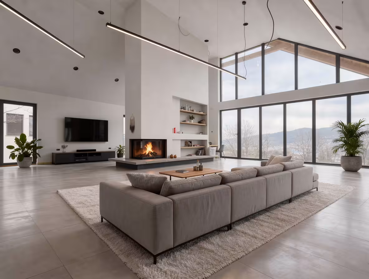 Modern minimalist living room with floor-to-ceiling windows, central fireplace, neutral sectional sofa, and open-concept design.
