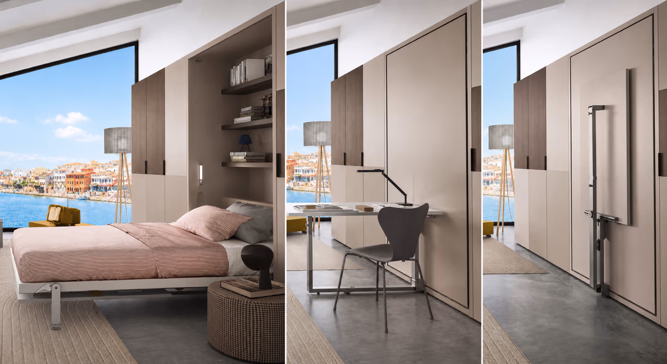 Three-panel comparison of a modern multifunctional Murphy bed system in different configurations. The left image shows the wall bed folded down with soft pink bedding, integrated shelving, and a large waterfront window. The center image shows the Murphy bed folded up into a sleek wall cabinet, creating a compact workspace with a floating desk and chair. The right image shows the system fully closed in its slim cabinet form, maximizing open floor space with a clean, minimalist design.