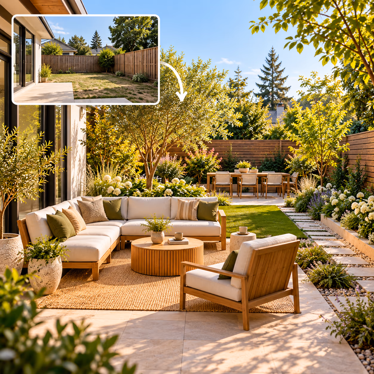 ai garden design showing how an existing backyard can be redesigned from a photo
