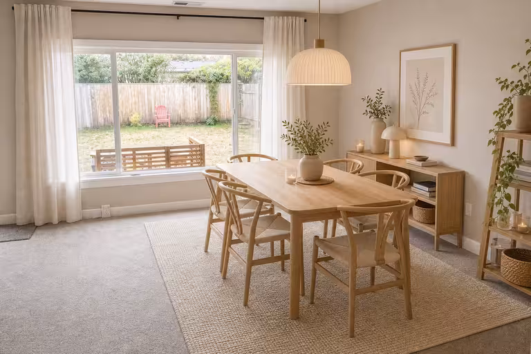 Japandi dining room with light oak dining table, woven rug, linen curtains, and neutral decor accents