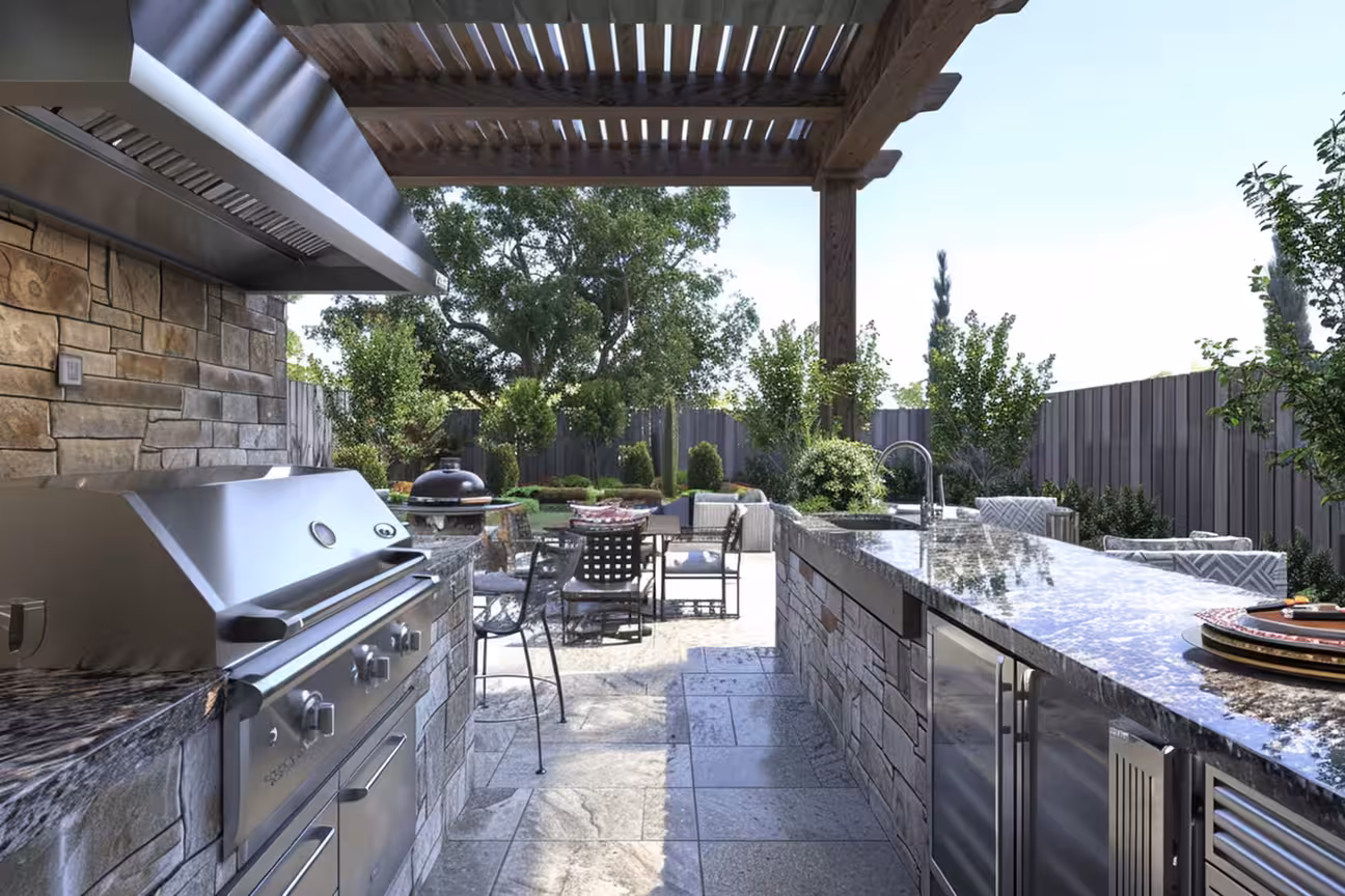 Stainless steel outdoor kitchen with pergola cover, built-in grill, wooden countertop, and bar seating area
