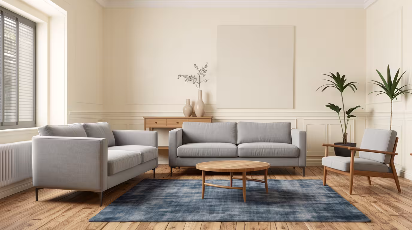 Mid Century Modern living room with light gray sofas, wooden coffee table, blue rug, natural wood flooring, cream walls, minimalist decor, and green plants,