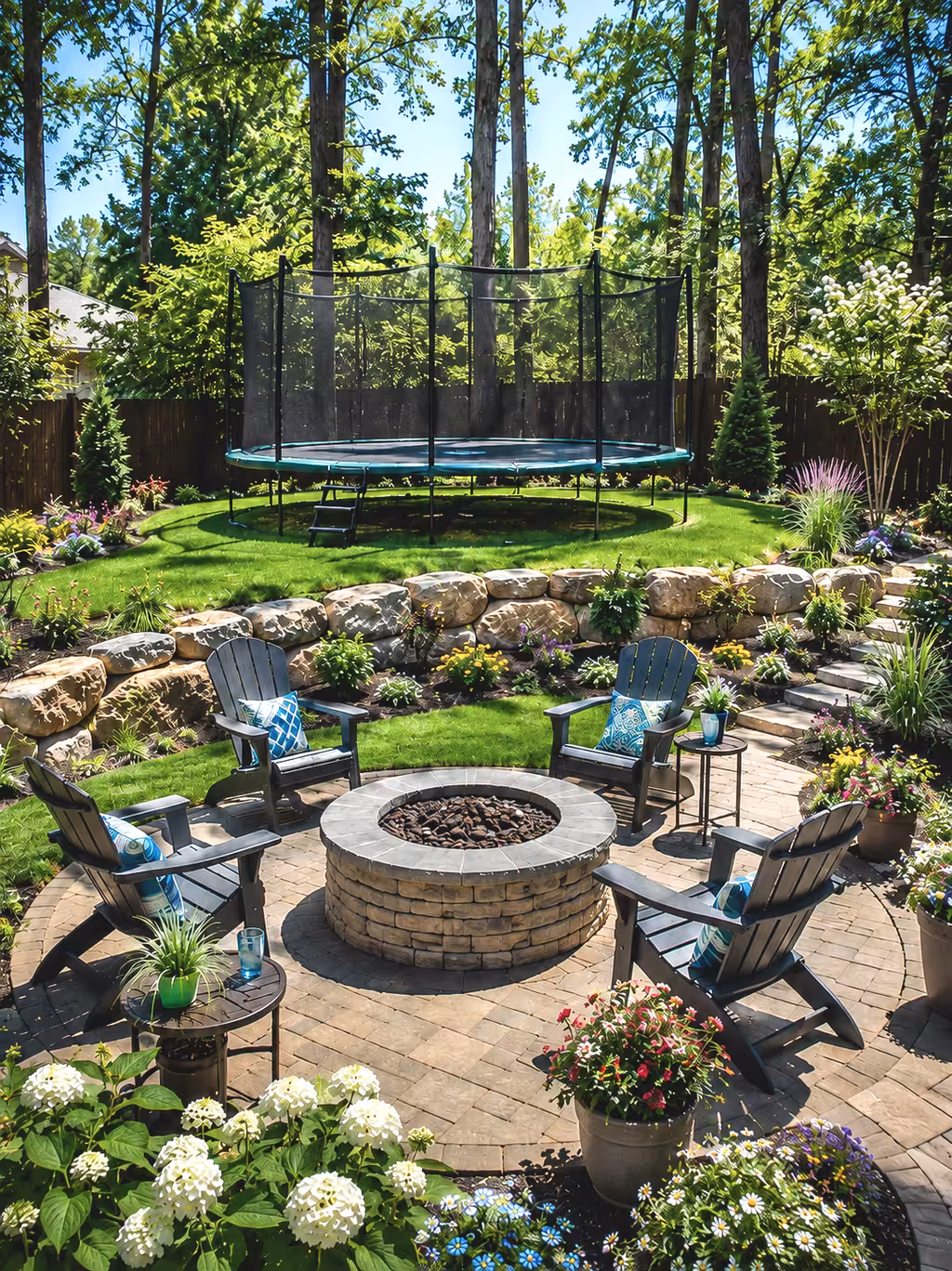 Two-level backyard with fire pit and Adirondack chairs on lower patio, stone retaining wall, and trampoline on upper lawn