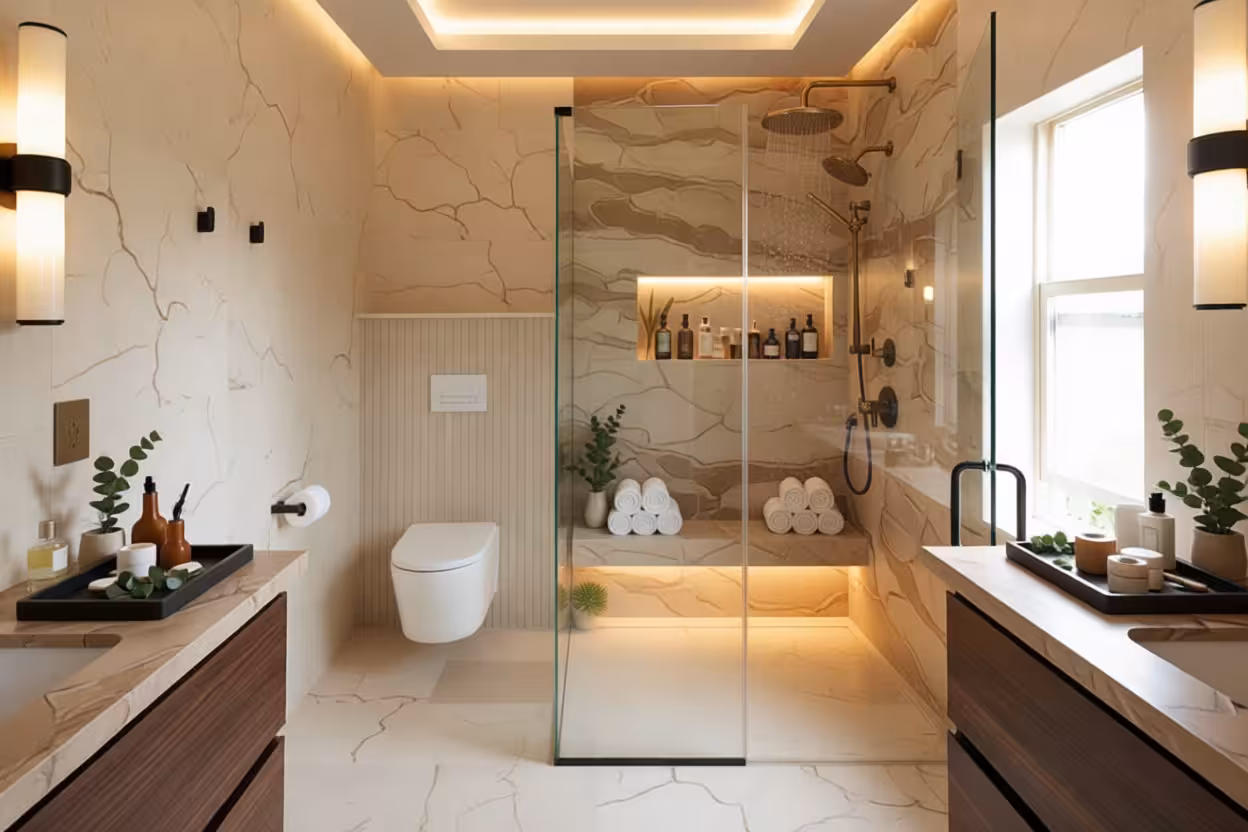 Contemporary bathroom with beige stone walls, floating wood vanities, glass shower enclosure, and warm neutral tones