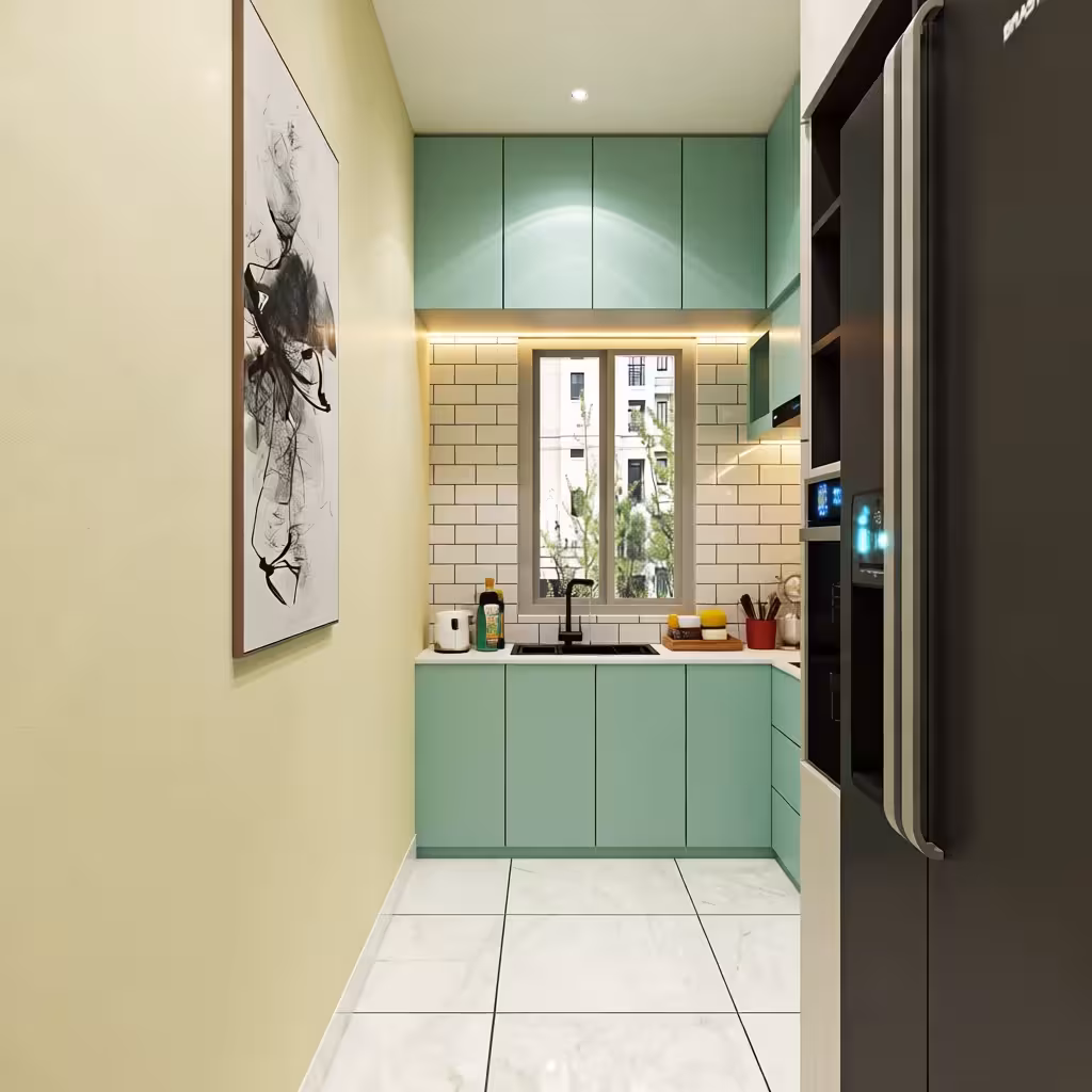 Small kitchen with mint green cabinets, white subway tile backsplash, black faucet, large window, beige walls, marble floor tiles, and minimalist abstract art.
