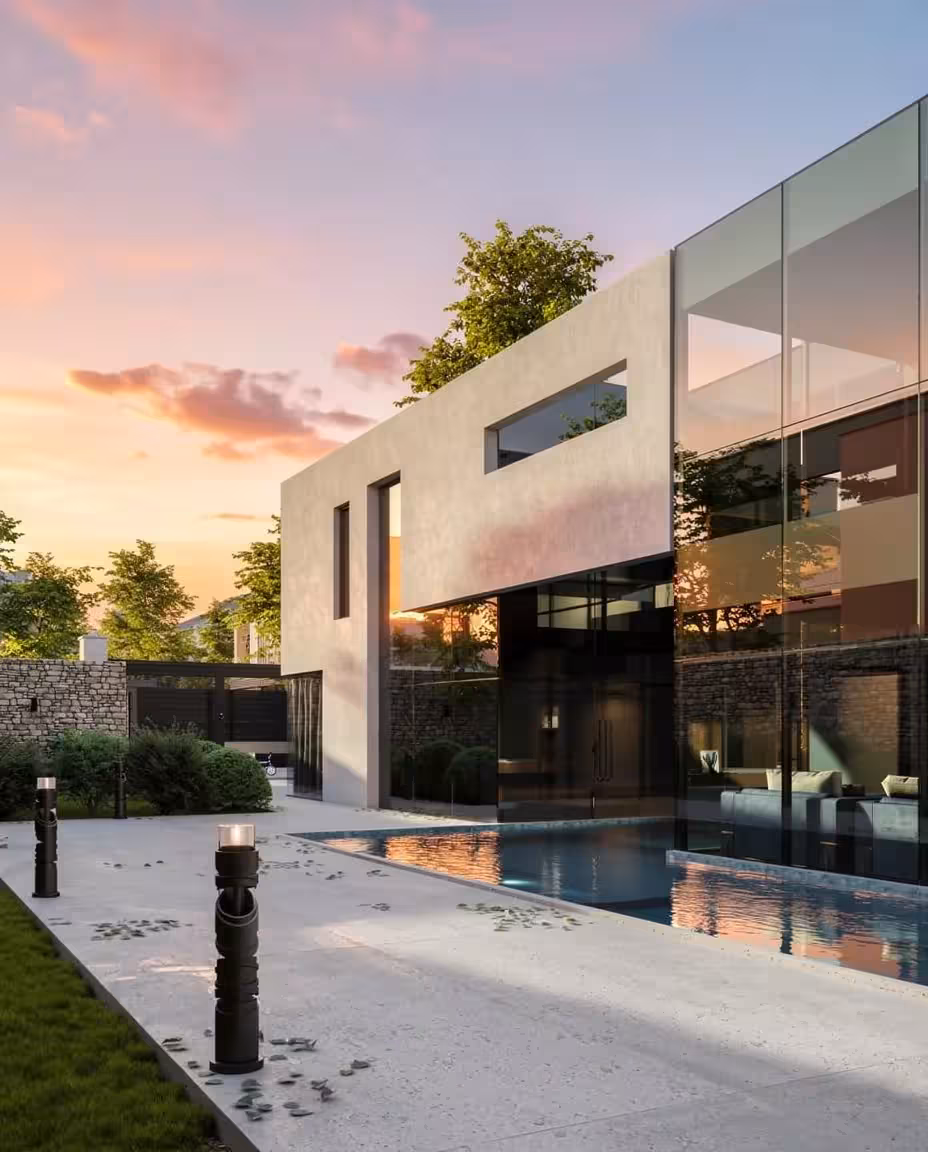 Modern apartment exterior featuring a sleek concrete and glass facade, reflecting pool, minimalist landscaping, and warm sunset lighting.