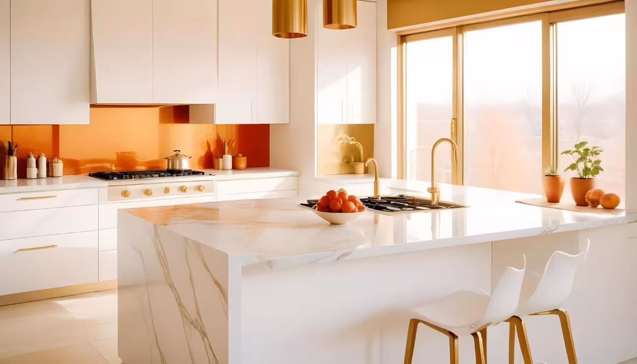 AI-generated warm modern kitchen with flat-panel off-white cabinets, a stone island, quartz countertops, integrated appliances, brushed brass hardware