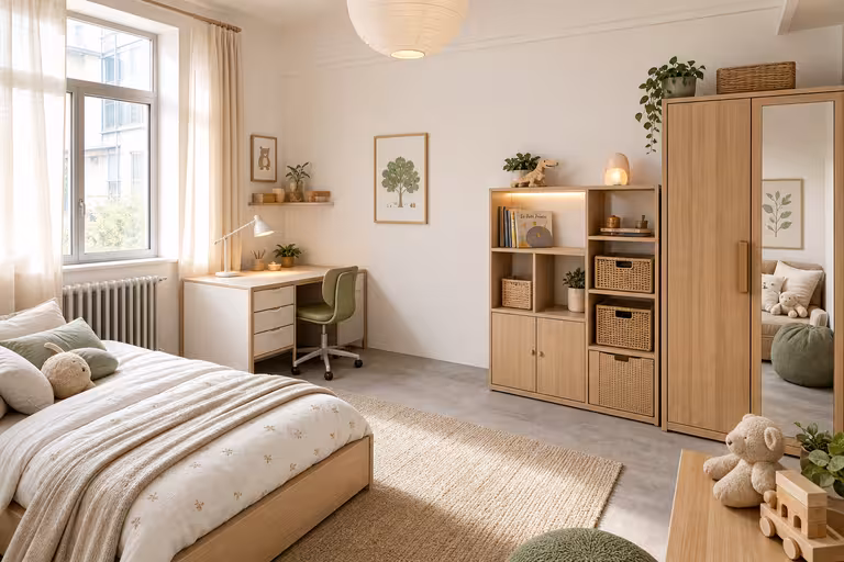 Scandinavian kids bedroom with light wood furniture, woven storage baskets, soft neutral bedding, study desk, and natural daylight.