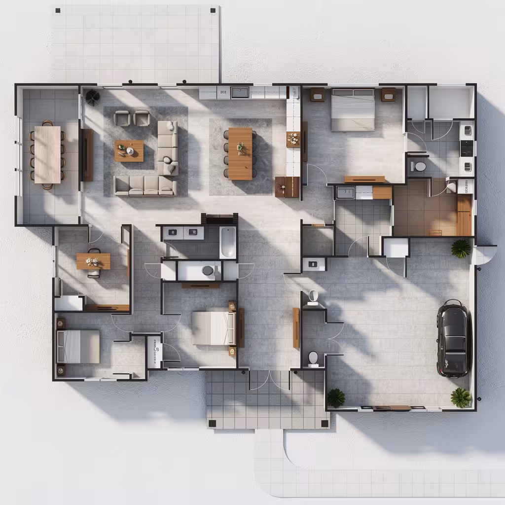 Industrial loft style 3D floor plan render with furnished interiors, open living area, and realistic home layout.