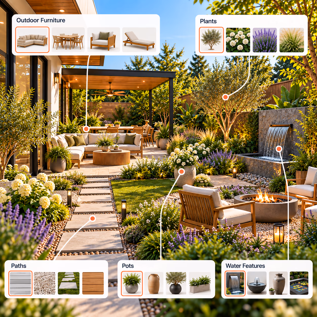 ai garden design showing plants, stone paths, outdoor furniture, pots, and water features in a backyard