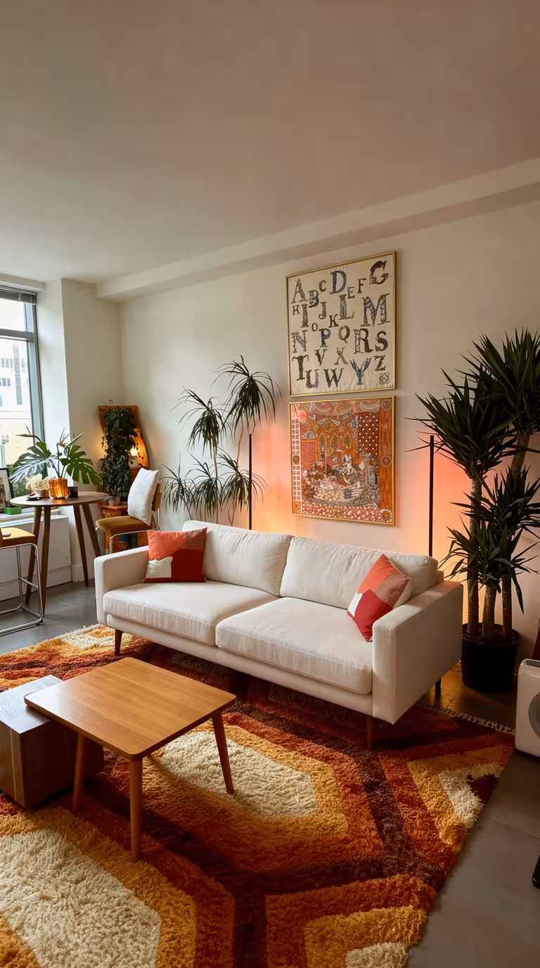 Mid-Century Modern living room with cream sofa, geometric orange and brown rug, wooden coffee table, vibrant artwork, lush green plants, and warm ambient lighting.