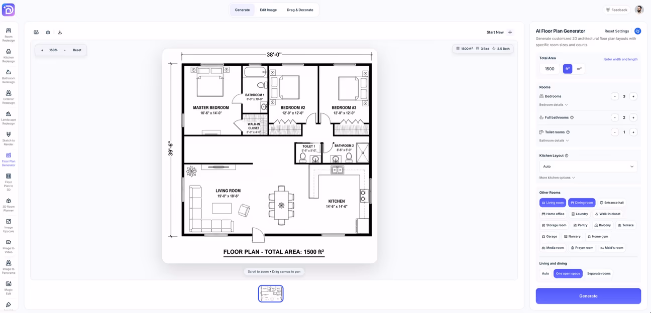 generador de planos con ia de decorai creando la distribución de una casa de tres dormitorios con medidas