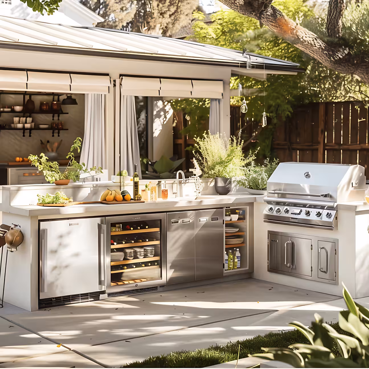 Backyard outdoor kitchen with stainless steel grill, built-in refrigerator, sink, and countertop set along a patio near a garden.