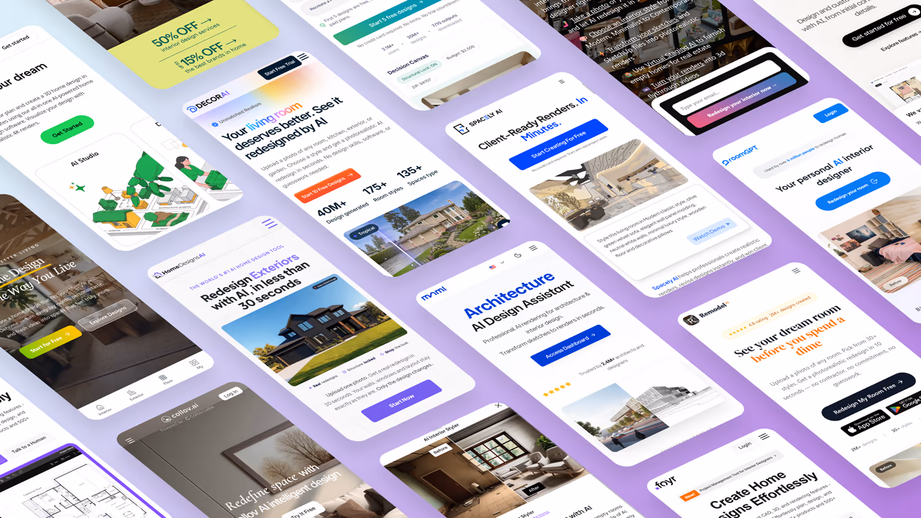 AI interior design app landing page screenshot - mobile view