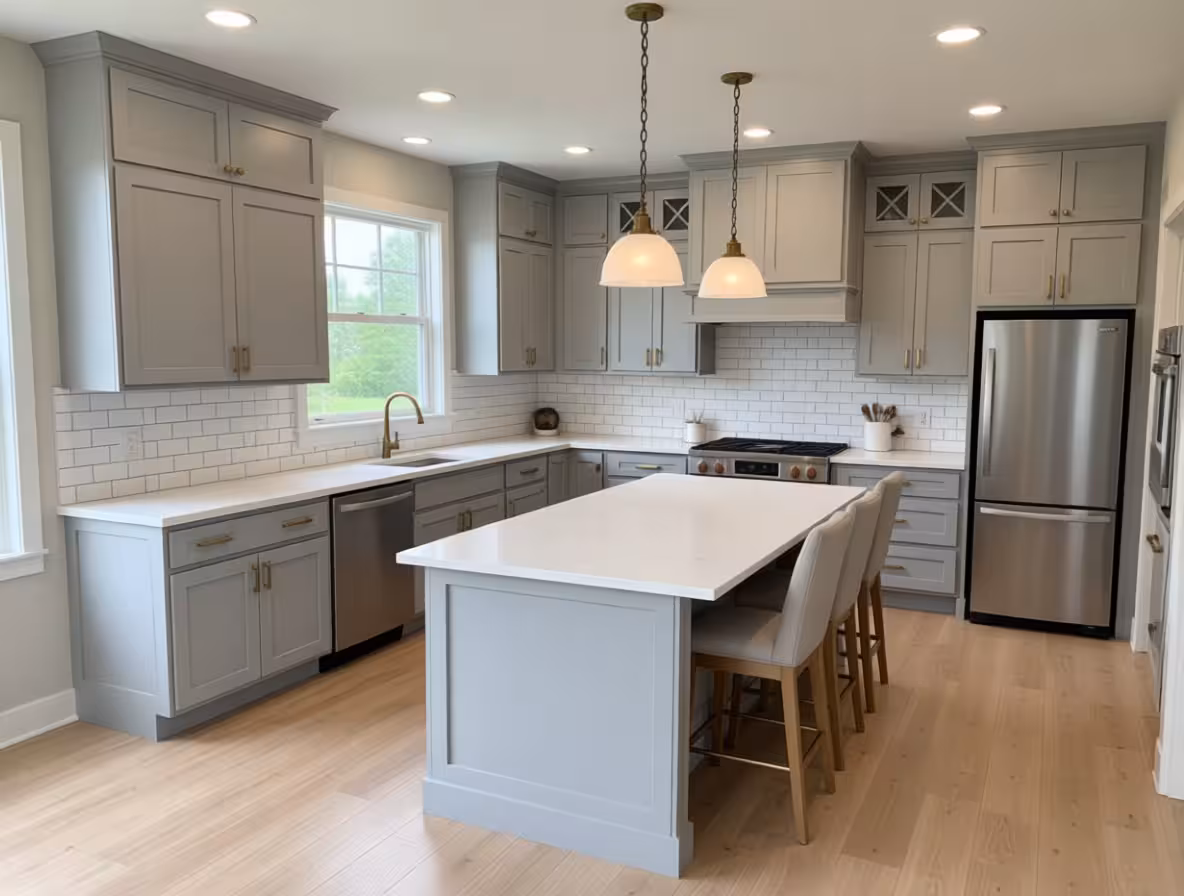 Transitional kitchen with gray cabinetry, white island countertop, pendant lighting, subway tile backsplash, and pale wood flooring