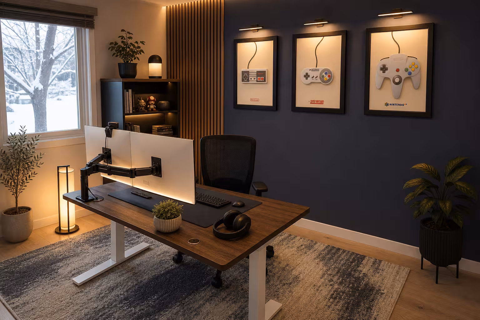 Modern Scandinavian gamer home office with warm wood finishes, ambient lighting, and refined gaming decor