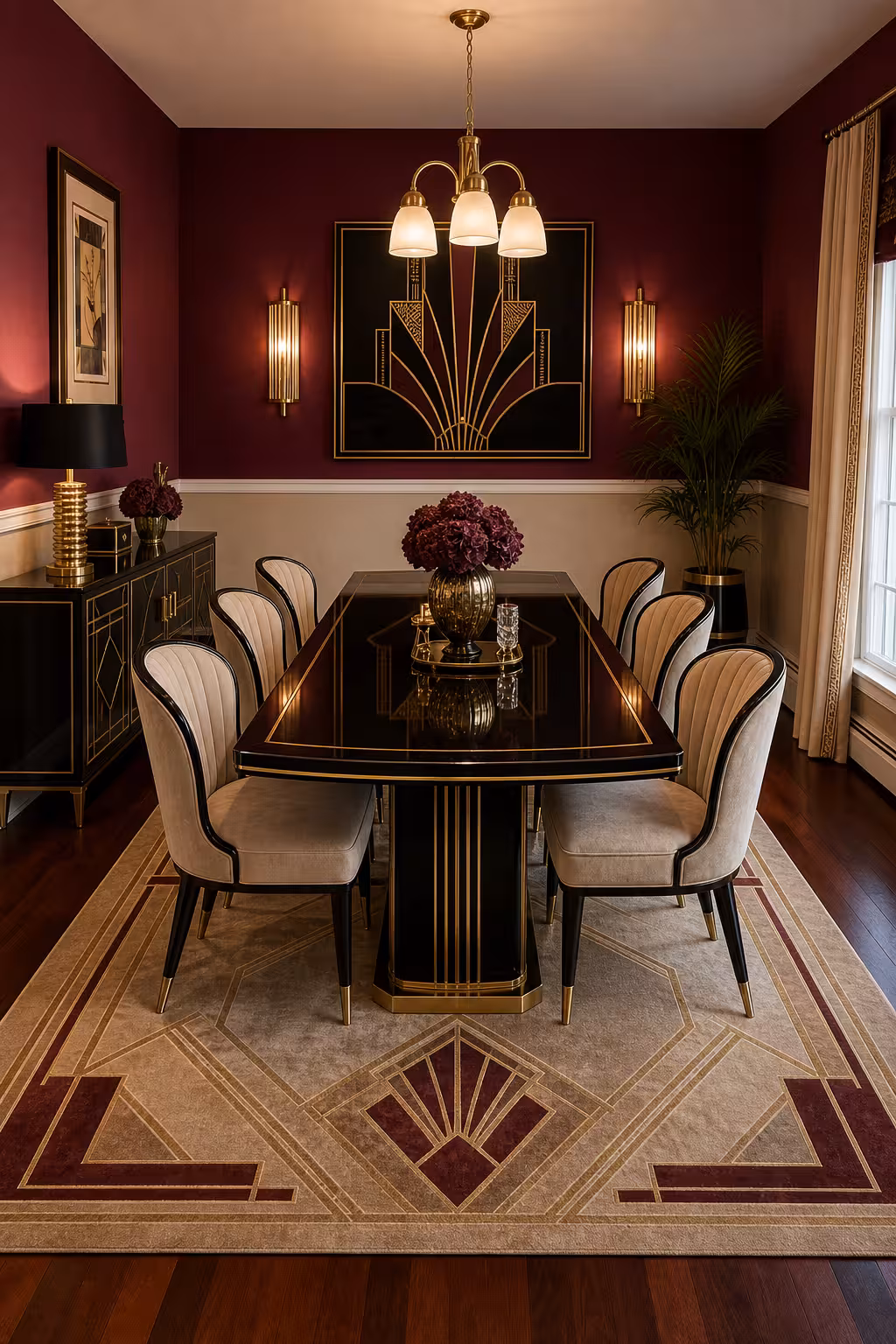 Art Deco dining room with black lacquer dining table, velvet chairs, gold accents, and geometric wall art